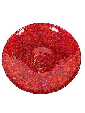 Mandala Star Snowflake Serving Glass Bowl Large 15" Red Gold Embossed Back